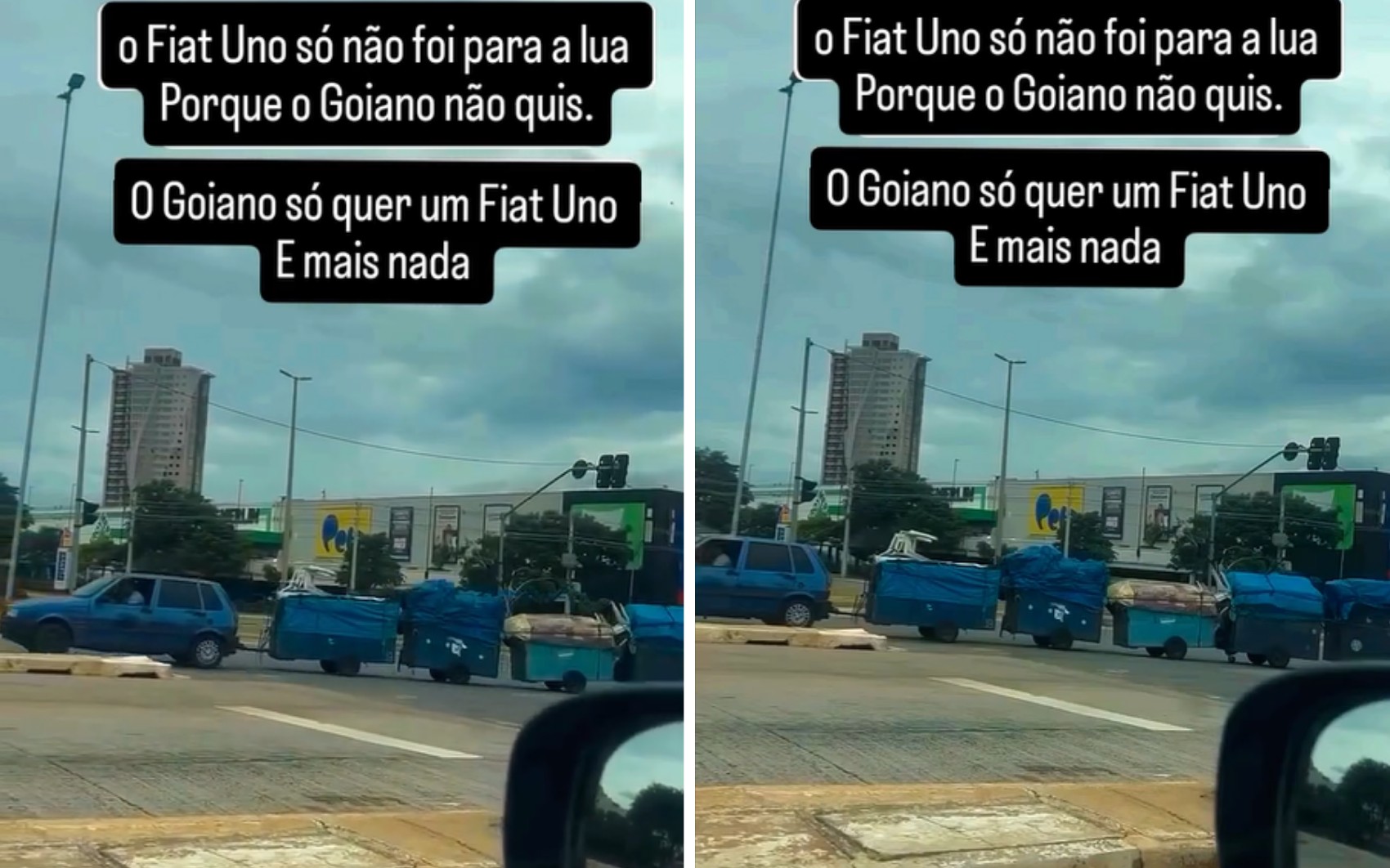 Motorista viraliza na web ao arrastar oito caçambas presas a Uno; vídeo