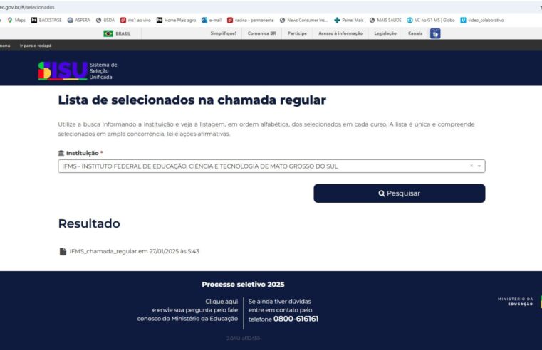 Veja a lista de aprovados no IFMS pelo Sisu 2025